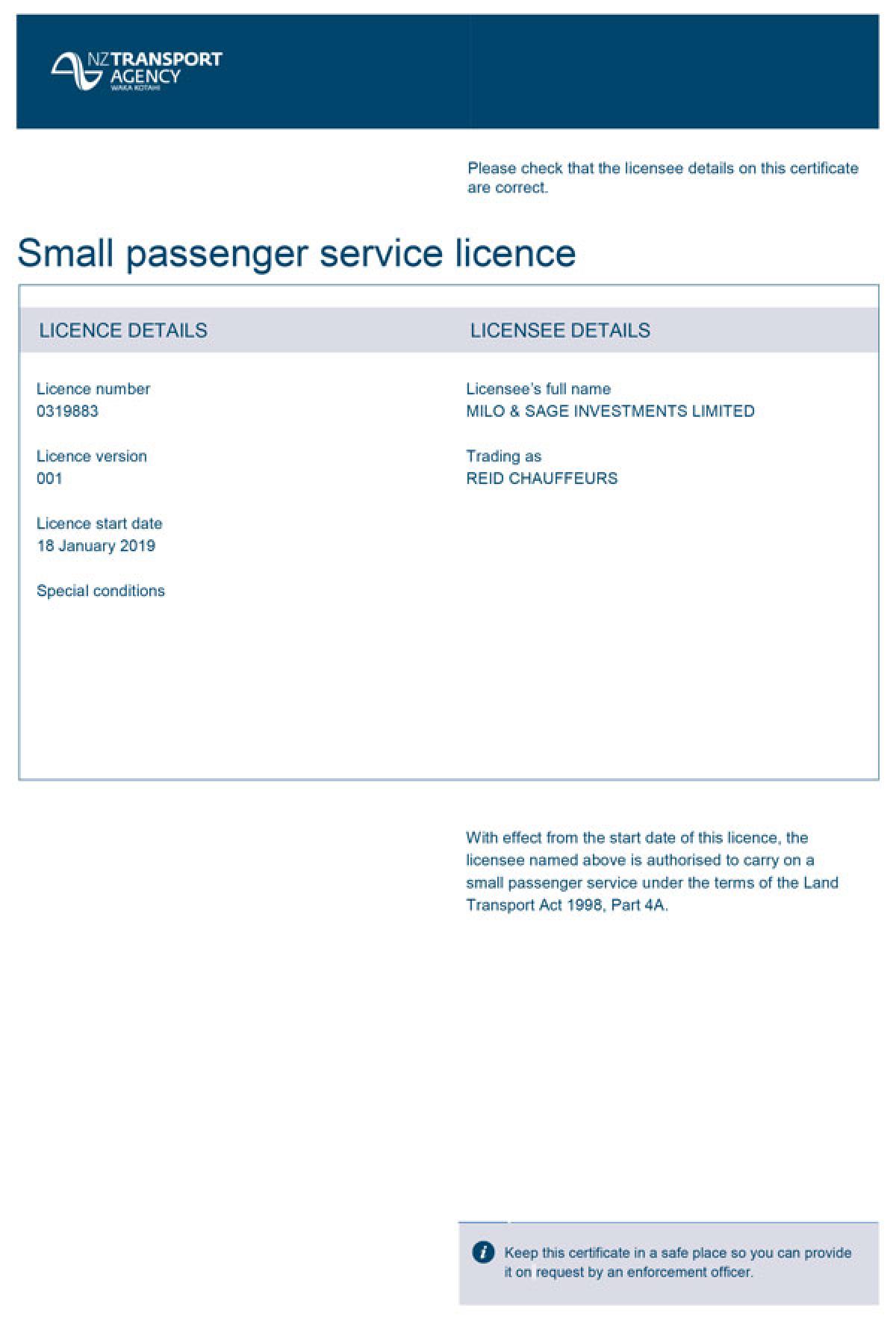licensed passenger service certificate